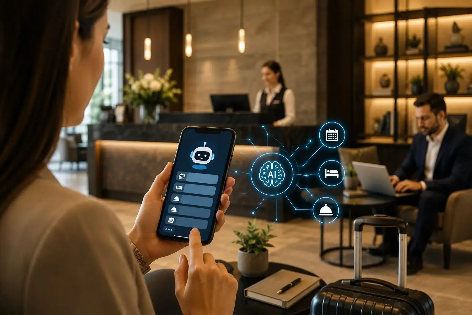 picture of a woman sitting in a hotel lobby holding a phone with a new app that extends like a hologram