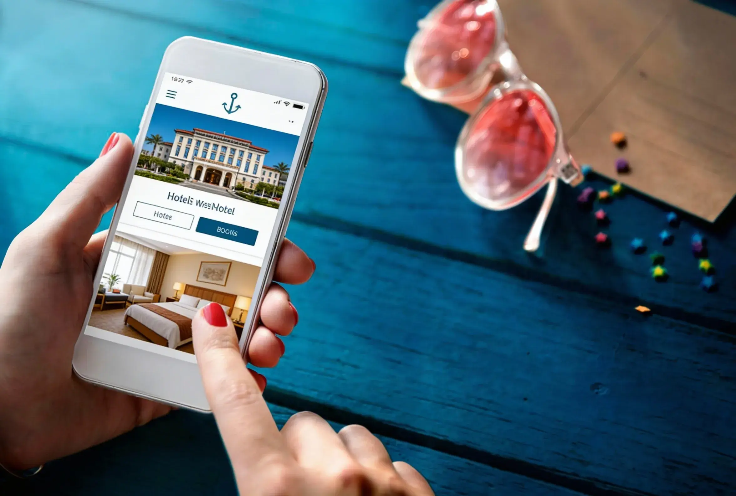 Woman using mobile phone showing hotel website